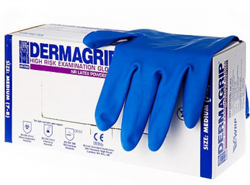 Перчатки смотр латекс н/стер Dermagrip High Risk сверхпрочн текстур н/опудр цв син р.L N50 шт кор