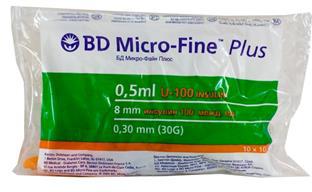 Шприц инсулиновый 0,5мл 3-х комп BD MicroFine Plus U-100 стер интегр игл G30 0,30х8мм N10 уп